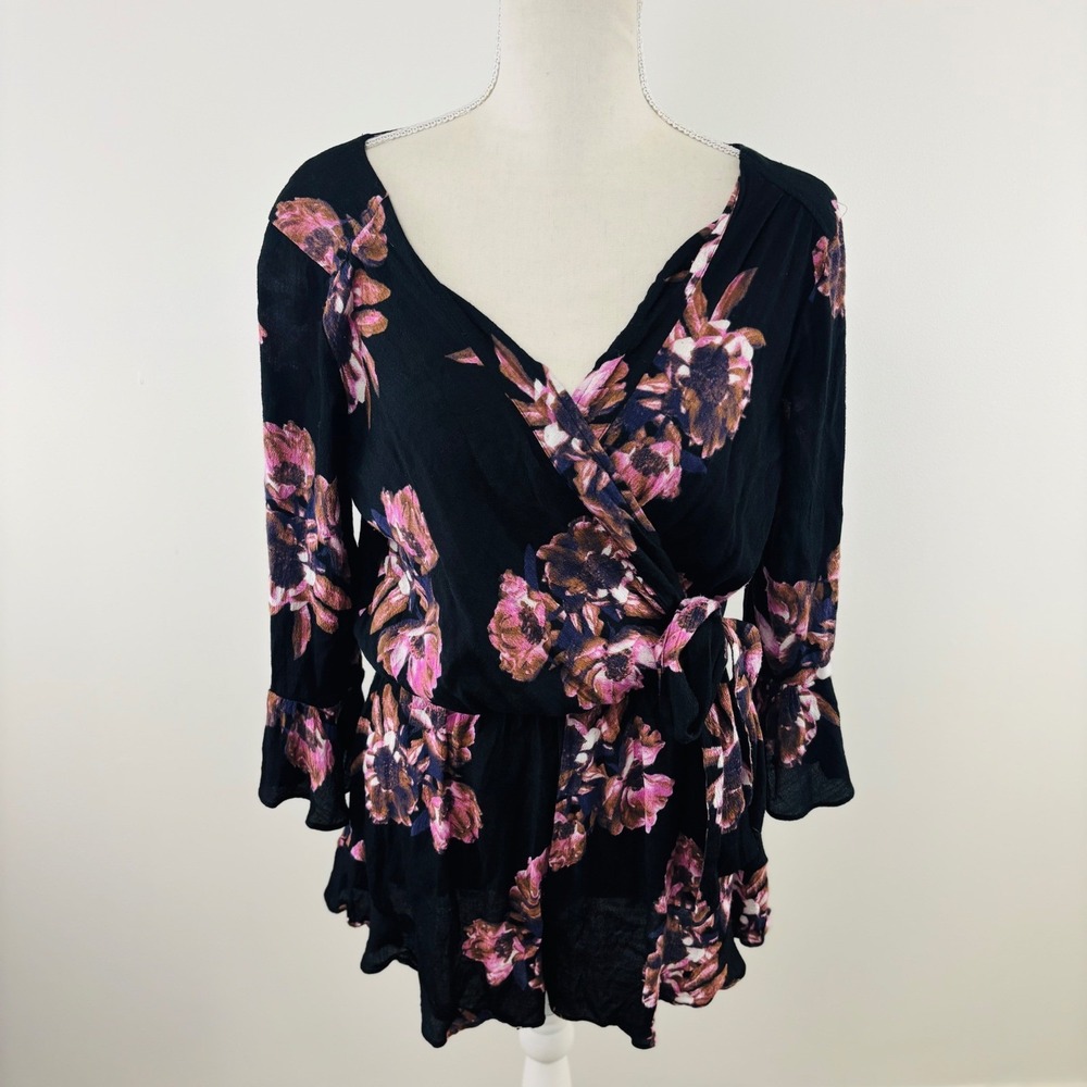 Free People All The Right Ruffles Black Pink Floral Romper Women's Size XS